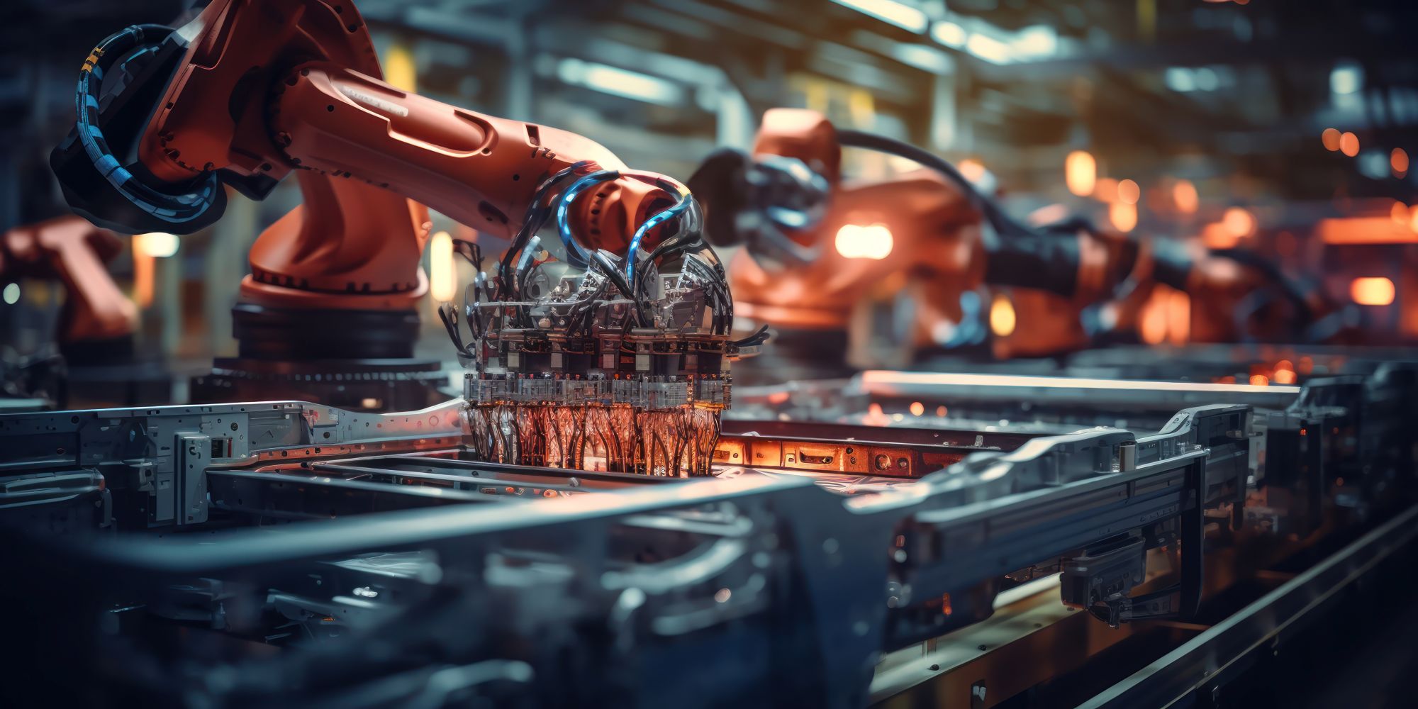 Ramię robota montuje elementy na zautomatyzowanej linii produkcyjnej w fabryce, a metalowe części są oświetlone sztucznym światłem w przemysłowym otoczeniu.