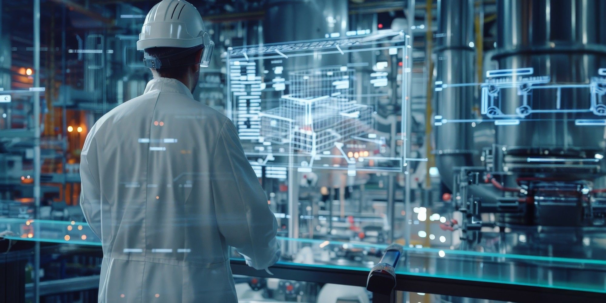 W fabryce stoi osoba w fartuchu laboratoryjnym i kasku ochronnym, wpatrując się w przezroczyste ekrany cyfrowe, na których wyświetlane są schematy techniczne i dane, a w tle widać urządzenia przemysłowe.
