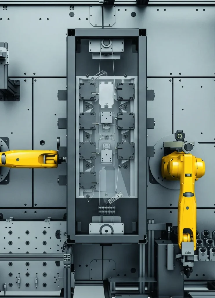 Zrobotyzowana cela automatycznego gratowania detali z dwoma robotami przemysłowymi Zrobotyzowana cela automatycznego gratowania detali z dwoma robotami przemysłowymi