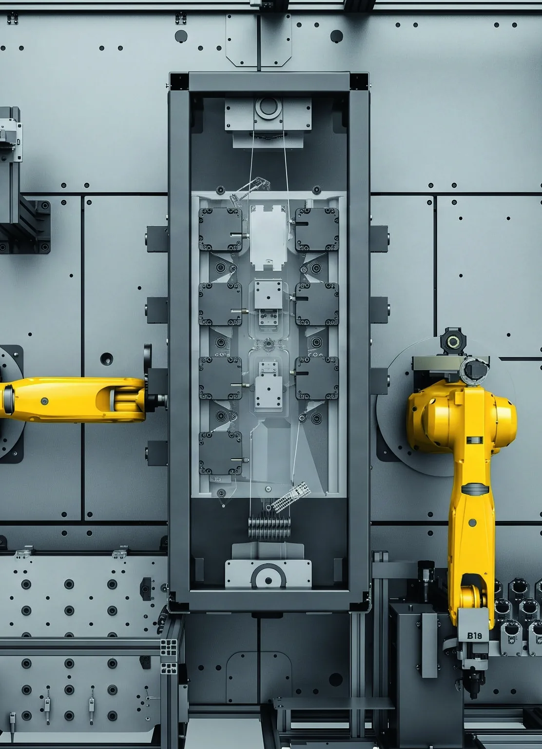 Zrobotyzowana cela automatycznego gratowania detali z dwoma robotami przemysłowymi Zrobotyzowana cela automatycznego gratowania detali z dwoma robotami przemysłowymi